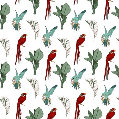 Kırmızı ve turkuaz papağanlar, yeşil orman yaprakları ve beyaz arka planda el yapımı tüyleri olan kusursuz tropikal desenler.