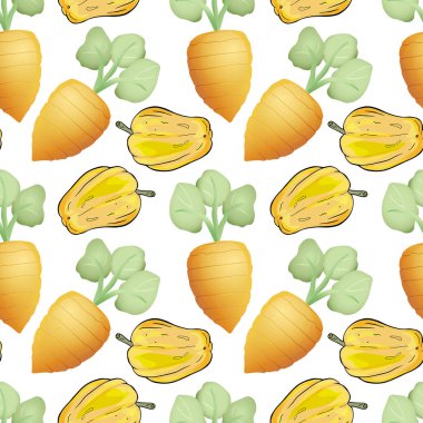 Havuç ve biberli, kusursuz sarı sebze deseni. Parlak Çiftlik Gıdası Bell Peppers ile Tekrar Tasarımı