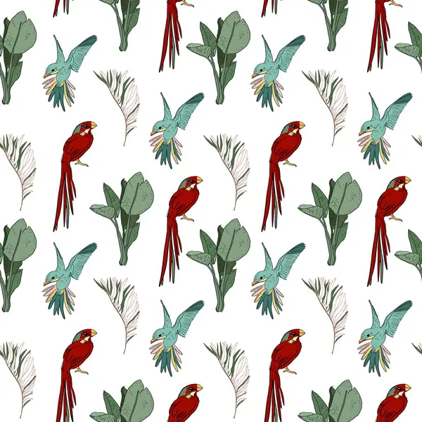 Kırmızı ve turkuaz papağanlar, yeşil orman yaprakları ve beyaz arka planda el yapımı tüyleri olan kusursuz tropikal desenler.