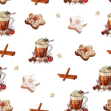 Kusursuz desenli bardaklar dolusu sıcak çikolata, kremalı yıldız şeklinde kurabiyeler, portakal dilimleri ve bej arka planda sonbahar yaprakları.