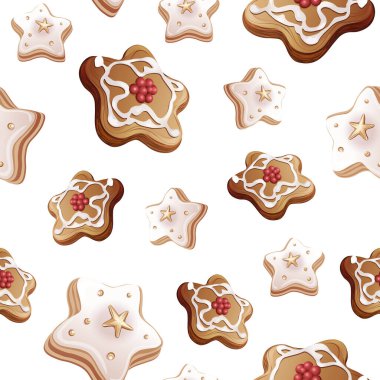 Kek ve buzlu kurabiyeli kusursuz desen. Tatlı Tatlı Tatlı Tatlı Kekler ve Yıldız Kurabiyeleriyle Tekrarlanan Tasarım