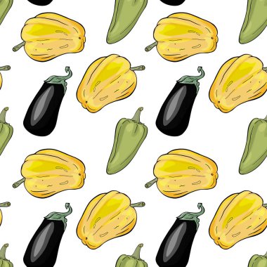 Patlıcanlı, patatesli ve brokolili kusursuz sebze deseni. El yapımı Kök ve Yeşil Sebzeler Tasarımı Tekrarla