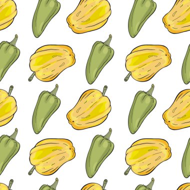 Elle çizilmiş lahanalar, turplar, mantarlar, salatalıklar, kabaklar ve açık yeşil arka planda kırmızı biberler.