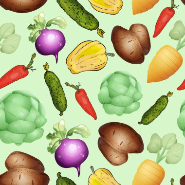 Elle çizilmiş lahanalar, turplar, mantarlar, salatalıklar, kabaklar ve açık yeşil arka planda kırmızı biberler.