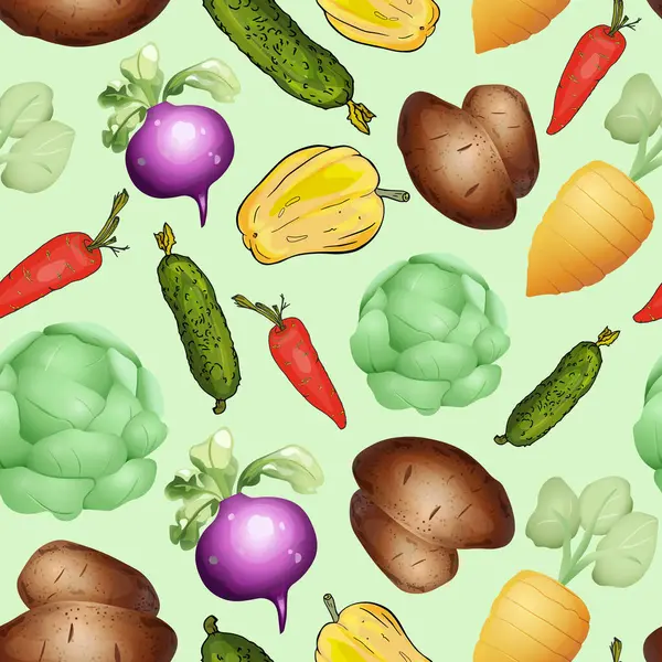 Elle çizilmiş lahanalar, turplar, mantarlar, salatalıklar, kabaklar ve açık yeşil arka planda kırmızı biberler.