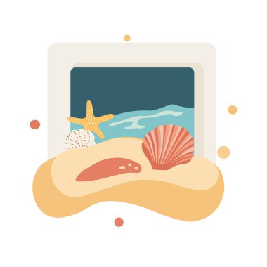 Deniz kabukları ve deniz yıldızlı düz sahil sahnesi. Okyanus ve Kabuklu Sahil Vektör Sanatı