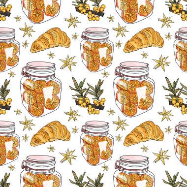 Bal kavanozları, kruvasanlar, deniz dikenleri ve dikişsiz kahvaltı temalı yıldız anason.