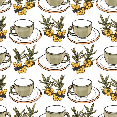 Dikenli deniz dikenli çay fincanları ve dikişsiz el yapımı yeşil yapraklar.