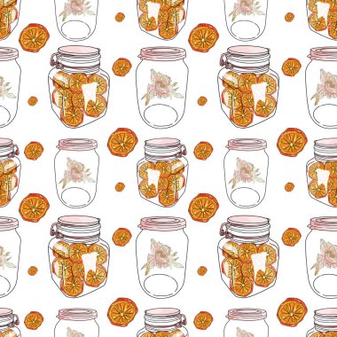 Narenciye dilimli cam kavanozlar ve kuru portakallar. Sıcak doğal tonlarda, pürüzsüz bir desen.