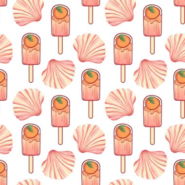 Şeftalili buzlu şeker ve pastel renksiz yaz desenli yumuşak ve meyveli deniz kabukları.