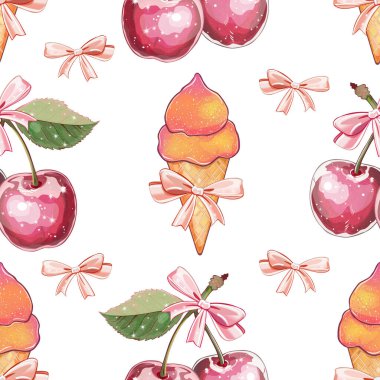 Kirazlar, dondurma külahları ve pembe kurdeleler. Şakasız bir tatlı ve meyve deseninde dizilmiş.