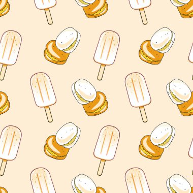 Buzlu dondurmalar, krepler ve pastel arka planda eğlenceli, dikişsiz kahvaltı temalı yumurtalar.