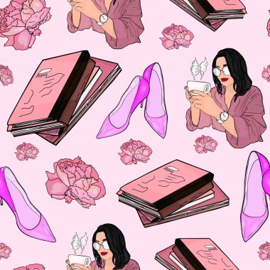 Modaya uygun bir kadın, pembe topuklu ayakkabılar, kitaplar, güller, ve zarif, kadınsı, kusursuz desenler.
