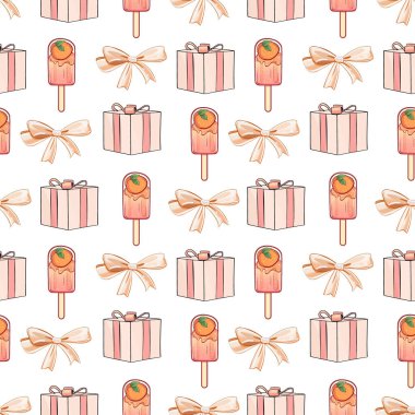 Şeftalili dondurma, pembe hediye kutuları, ve yumuşak bir kutlama temalı, pürüzsüz desenli kurdele yayları.