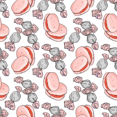 Makaronlar, paketlenmiş şekerler ve tatlı temalı pastel renklerle düzenlenmiş küçük hediye kutuları.