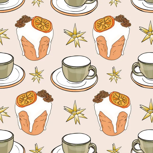 Çay fincanları, narenciye dilimleri ve sıcak, dikişsiz çay saatinde sıcak tatlı ve baharat elementleriyle yıldız anason.