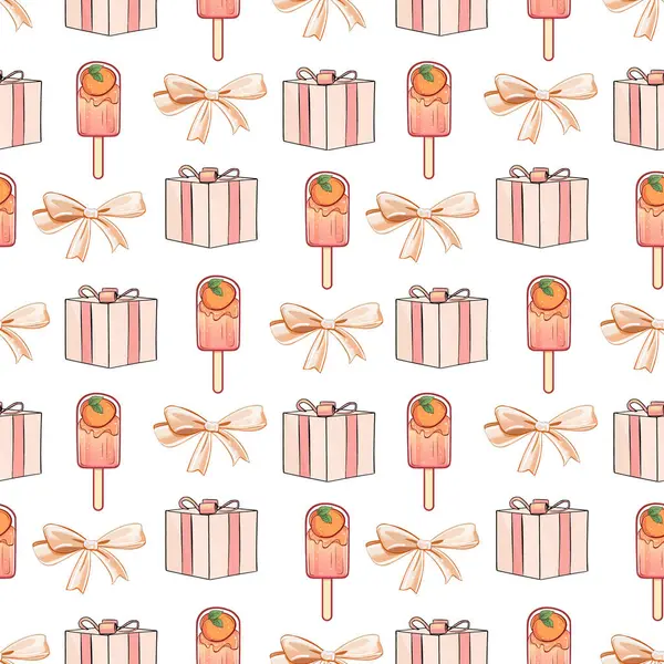 Şeftalili dondurma, pembe hediye kutuları, ve yumuşak bir kutlama temalı, pürüzsüz desenli kurdele yayları.