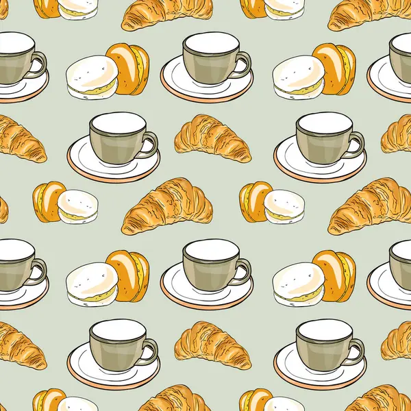 Kahve fincanları, kruvasanlar, dilimlenmiş portakallar ve turunçgiller kahvaltıdan esinlenerek hazırlanmış, dikişsiz bir şablon.