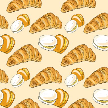 Kruvasan, sahanda yumurta ve portakal dilimleri pişirilmiş ve turunçgiller eşliğinde sıcak kahvaltı temalı dikişsiz bir desen oluşturuldu.