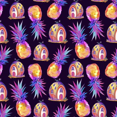 Fantezi Ananas Mücevheri ve Meyve Evi Modeli. Renkli Tropikal Ananas ve Kusursuz Ev Arkaplanı