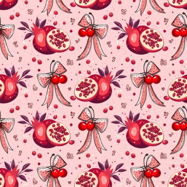 Yay desenli nar ve kirazlar. Pembe Arkaplanda Meyve ve ve Kurdele Vektör Tasarımı