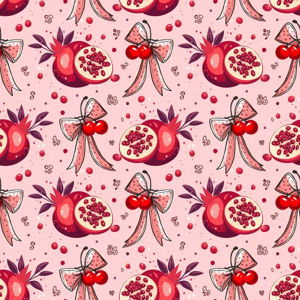 Yay desenli nar ve kirazlar. Pembe Arkaplanda Meyve ve ve Kurdele Vektör Tasarımı