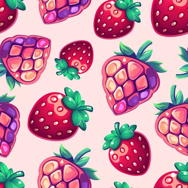 Çilekli ve Ahudududulu Çizgi Filmlerde kusursuz desen. Pembe Arkaplanda Parlak Böğürtlen Vektör Deseni