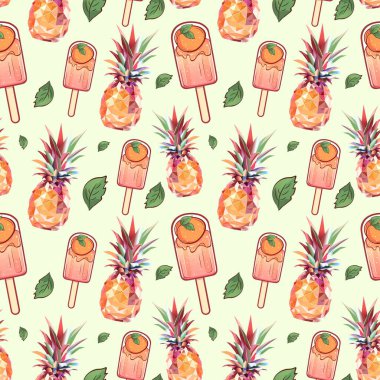 Geometrik ananaslar ve buzlu şekerler. Çokgen Tropikal Meyve ve Dondurma Vektörü Arkaplanı