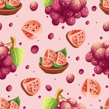 Ahşap kaselerde dilimlenmiş guava, parlak üzüm kümeleri ve beyaz arka planda pembe dekoratif çiçekler içeren kusursuz desenler.