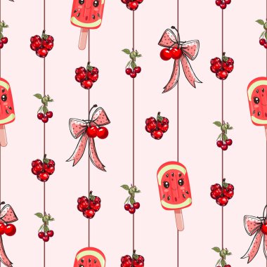 Kirazlar ve karpuzlu buzlu şekerlemeler fiyonklu. Tatlı Kirazlar ve Dondurmalı Dikey Meyve Deseni