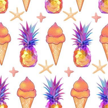 Geometrik Ananas ve Dondurma Kusursuz Desen. Tropikal Düşük Polonyalı Meyve ve Denizyıldızı Vektör Arkaplanı