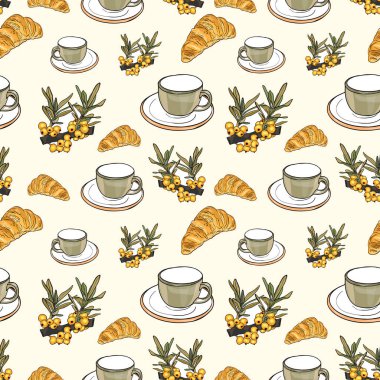 Dikensiz çay ve kruvasan desenli deniz dikenli. Bardaklar ve Pastalarla Sıcak Kahvaltı Şablonu