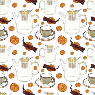 Cam Saksılar ve Citrus Dilimli Kusursuz Çay Deseni. Vanilya ve Turuncu ile Bitkisel Çay Zaman Vektörü Arkaplanı