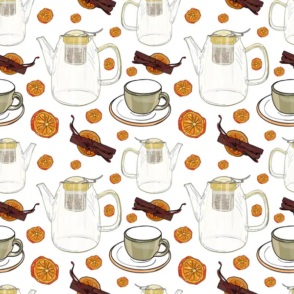 Cam Saksılar ve Citrus Dilimli Kusursuz Çay Deseni. Vanilya ve Turuncu ile Bitkisel Çay Zaman Vektörü Arkaplanı