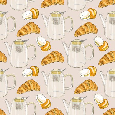 Kruvasan ve çaydanlıkla kusursuz kahvaltı kalıbı. Çay ve Pastalarla Sıcak Sabah Vektör Arkaplanı