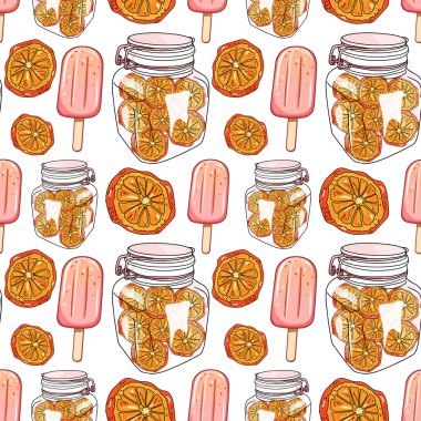 Summer Citrus Dondurması ve Orange Jar Diamless Deseni. Meyve Şablonunu Kavanozlar, Portakallar ve Buz Çubuklarıyla Tazeleyici