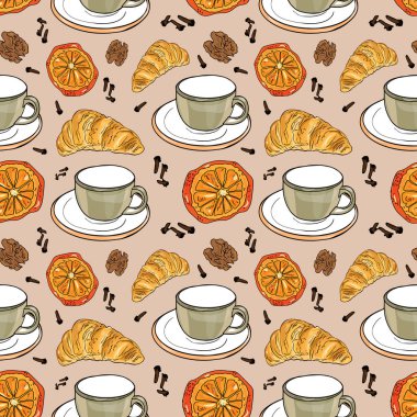 Kahveli, kruvasanlı ve portakallı sade bir şablon. Citrus ve Baharatlı Sıcak İçecek ve Pasta Vektörü