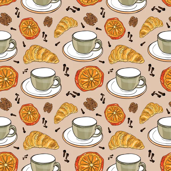 Kahveli, kruvasanlı ve portakallı sade bir şablon. Citrus ve Baharatlı Sıcak İçecek ve Pasta Vektörü