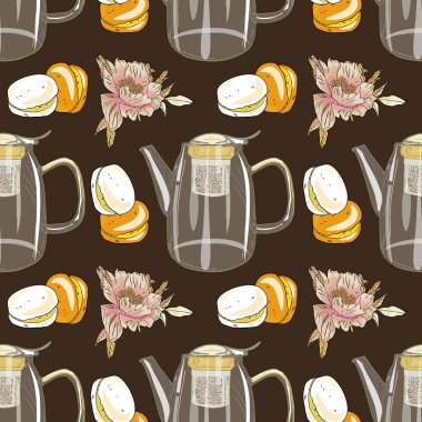 Citrus ve Flowers 'lı kusursuz bitkisel çay deseni. Şekerlemeli ve Botanikli Koyu Arkaplan Çay Deseni