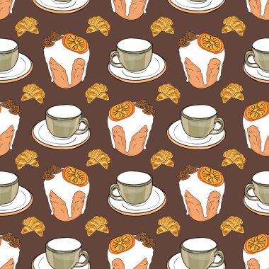 Citrus ve kruvasan ile kusursuz kahve ve kek kalıbı. Koyu Arkaplan Kafe Kalıbı Sıcak İçecekler ve Pastalarla