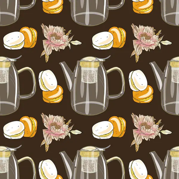 Citrus ve Flowers 'lı kusursuz bitkisel çay deseni. Şekerlemeli ve Botanikli Koyu Arkaplan Çay Deseni