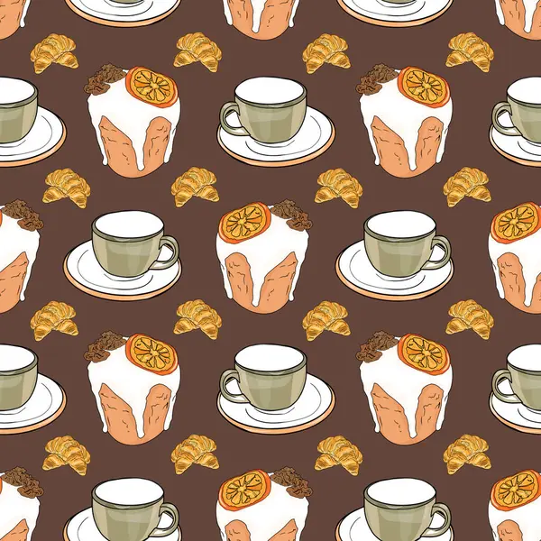 Citrus ve kruvasan ile kusursuz kahve ve kek kalıbı. Koyu Arkaplan Kafe Kalıbı Sıcak İçecekler ve Pastalarla