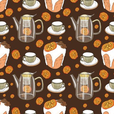 Teapots ve Citrus 'lu dikişsiz kahve ve kek kalıbı. Koyu Arkaplan Vektörü Çay, Tatlı ve Kurutulmuş Portakal