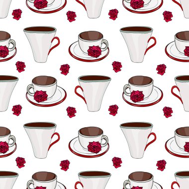 Beyaz üzerinde kusursuz çay ve gül deseni. Zarif Çay Kadehi ve Kırmızı Gül Çiçek Vektörü