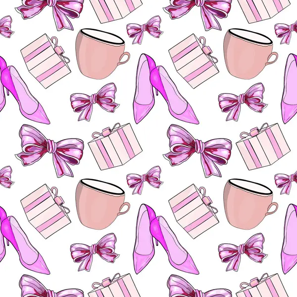 Kahve, kitap ve topuklu kusursuz kız şablonu. Pembe Ayakkabı, Kupa ve Fiyonklu Kadın Vektör