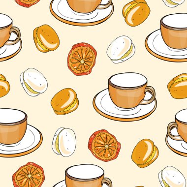 Citrus Tea ve Orange Destern Illustration. Dilimlenmiş Portakal ve Sıcak İçeceklerle Kusursuz Vektör