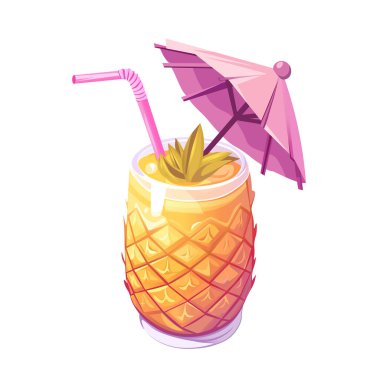 Ananas Kupasında Şemsiye ile Tropik İçki. Ananas Camlı Egzotik Yaz Kokteyli
