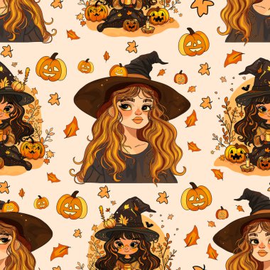 Cadı Kız ve Balkabaklarıyla Cadılar Bayramı deseni. Cadı ve Sonbahar Yaprakları ile Kusursuz Sonbahar Arkaplanı