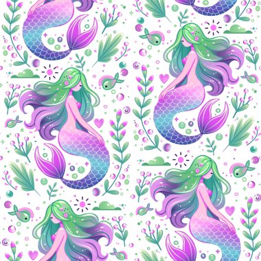 Su altı bitkileri, deniz kabukları, mercan, baloncuk ve balıklarla çevrili canlı deniz kızlarının kusursuz vektör deseni.