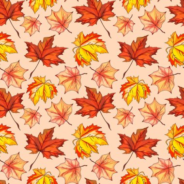 Renkli Sonbahar Sonbaharı Yaprakları ile Kusursuz Desen. Akçaağaç ve Meşe Yaprakları ile Vektör Arkaplanı